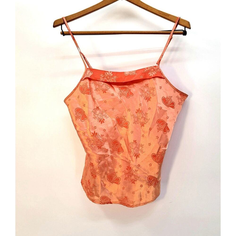 Y2K 2000s Coquette Intimates by Rag Satin Cami Top Size S Coral Peach Floral - Picture 2 of 9